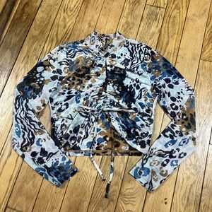Jolie & Joy Blue Animal Print Mesh Ruched Mock Neck Crop Top XL